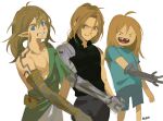  3boys adventure_time bare_pectorals belt black_pants black_shirt blonde_hair blue_eyes blue_shirt blue_shorts braid brown_belt closed_mouth collarbone collared_shirt commentary edward_elric english_commentary finn_the_human fullmetal_alchemist green_tunic grin highres link long_hair male_focus missing_tooth multiple_boys nipples outstretched_arm pants pectorals popped_collar pouch prosthesis prosthetic_arm rightgate shirt shorts signature simple_background single_bare_shoulder single_braid single_off_shoulder smile t-shirt teeth the_legend_of_zelda the_legend_of_zelda:_breath_of_the_wild tongue trait_connection tunic unfinished upper_teeth_only white_background yellow_eyes 