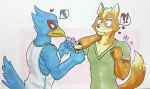  &lt;3 2018 anthro avian beak bird blush canine clothed clothing condom duo falco_lombardi fox fox_mccloud fur lube male male/male mammal nintendo screw shirt simple_background smile star_fox tank_top thebarabandit video_games 