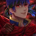  blood blue_eyes blue_hair cape fire_emblem fire_emblem:_akatsuki_no_megami fire_emblem:_souen_no_kiseki headband ike kaejunni looking_at_viewer male_focus open_mouth short_hair simple_background smile solo spoilers super_smash_bros. super_smash_bros._ultimate 