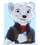  anthro arctic_fox blue_eyes blue_fur canine clothing fox fur leto_(letodoesart) letodoesart male mammal necktie smile solo vest watch white_fur 