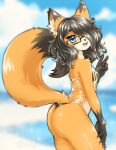 2022 5_fingers anthro artist_name beach black_body black_clothing black_fur black_hair black_swimwear blue_eyes blurred_background blush bottomwear bra breasts butt canid canine clothing cloud collar cute_fangs eyewear fangs female female_anthro fingernails fingers fluffy fluffy_tail fox fur gesture glasses gris_swimsuit hair hair_over_eye hand_gesture inner_ear_fluff long_hair looking_at_viewer magical_helen mammal meme meme_clothing multicolored_body multicolored_fur nails neck_tuft one-piece_swimsuit open_mouth open_smile orange_body orange_fur raised_tail short_snout sky small_breasts smile solo standing swimwear tail teeth tongue translucent translucent_clothing translucent_swimwear tuft underwear v_sign white_body white_fur