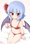  arm_support bangs bare_arms bare_shoulders bat_wings bed_sheet bikini blue_hair blush breasts clenched_hand collarbone commentary_request eyebrows_visible_through_hair eyes_visible_through_hair fang_out feet_out_of_frame gradient gradient_background hair_between_eyes hair_ribbon highres looking_at_viewer navel no_hat no_headwear pink_background red_bikini red_eyes red_ribbon remilia_scarlet ribbon shadow short_hair sitting small_breasts solo stomach suwa_yasai sweat swimsuit thighs touhou tsurime white_background wings wrist_cuffs 