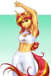  2019 5_fingers absurd_res anthro arms_above_head blue_eyes breasts clothed clothing cutie_mark digital_media_(artwork) equestria_girls equine eyelashes female green_eyes hair hi_res horn long_hair looking_at_viewer mammal multicolored_hair multicolored_tail my_little_pony mykegreywolf navel solo sunset_shimmer_(eg) two_tone_hair unicorn 