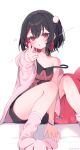  1girl :o animal_slippers bed_sheet between_legs black_hair black_shorts breasts bunny_slippers camisole cleavage commentary_request feet_out_of_frame finger_gun hair_between_eyes hand_between_legs highres indie_virtual_youtuber jacket koucha_latte long_sleeves looking_at_viewer multicolored_hair off_shoulder one_side_up open_clothes open_jacket parted_lips pink_footwear pink_jacket pink_socks puffy_long_sleeves puffy_sleeves red_camisole red_eyes red_hair roin shorts simple_background sitting slippers small_breasts socks solo strap_slip twitter_username two-tone_hair virtual_youtuber white_background wristband 