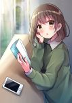  arm_support bangs blurry blurry_background blush brown_eyes brown_hair cellphone collared_shirt commentary_request depth_of_field eyebrows_visible_through_hair fingernails green_shirt hair_between_eyes hand_up head_tilt highres holding long_hair long_sleeves looking_at_viewer looking_to_the_side minami_saki original parted_lips phone shirt solo white_shirt 