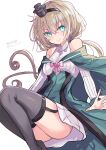  1girl absurdres ass black_hairband black_thighhighs blonde_hair blue_capelet blue_eyes blue_overskirt breasts capelet corset crown dress earrings flower garter_straps hair_between_eyes hairband half_up_braid highres hizaka jewelry kantai_collection long_hair long_necktie long_sleeves looking_at_viewer low-tied_long_hair mini_crown necklace off-shoulder_dress off_shoulder red_flower red_rose rose signature simple_background solo thighhighs twitter_username valiant_(kancolle) white_corset white_dress 