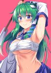  arm_up armpits bad_id bad_twitter_id bandages bangs bare_shoulders blue_eyes blue_skirt blush breasts commentary detached_sleeves e.o. error eyebrows_visible_through_hair frog_hair_ornament green_hair hair_between_eyes hair_ornament hair_tubes highres holding kochiya_sanae large_breasts long_hair long_sleeves looking_at_viewer navel nipples pink_background sarashi sidelocks simple_background skirt smile snake_hair_ornament solo stomach sweat touhou upper_body wide_sleeves 