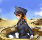  bitchcraft123 blonde_hair blue_eyes braid breasts caterpillar_tracks cloud commentary_request day desert ground_vehicle hat headphones long_hair military military_uniform military_vehicle motor_vehicle original panzerkampfwagen_panther peaked_cap sky solo tank uniform 