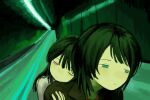  2girls bang_dream! bang_dream!_it&#039;s_mygo!!!!! black_hair black_jacket blue_eyes chuchu_(uglydog_zip) closed_mouth commentary fallen_angels_(movie) head_on_another&#039;s_shoulder highres hug hug_from_behind jacket long_hair mole mole_under_eye multiple_girls one_eye_closed pink_eyes scene_reference shiina_taki shirt tunnel white_shirt yahata_umiri yuri 