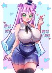  1girl aged_up blue_skirt blunt_bangs breasts contrapposto double_bun finger_heart green_eyes hair_bun hat highres huge_breasts i-nn impossible_clothes impossible_shirt looking_at_viewer mini_hat mini_top_hat official_alternate_costume pleated_skirt puniru_(puniru_wa_kawaii_slime) puniru_wa_kawaii_slime purple_hair shirt skirt sleeveless sleeveless_shirt slightly_mature_kawaii_puniru slime_hair smile solo standing thick_thighs thighs top_hat white_shirt zettai_ryouiki 