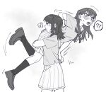 !? 2girls bang_dream! bang_dream!_it&#039;s_mygo!!!!! blush carrying carrying_person closed_mouth criangle_k. ear_blush greyscale hanasakigawa_school_uniform highres kneehighs loafers medium_hair mole mole_under_eye monochrome multiple_girls musical_note neckerchief open_mouth pleated_skirt school_uniform serafuku shiina_taki shoes short_sleeves skirt socks spoken_interrobang spoken_musical_note teeth upper_teeth_only yahata_umiri 