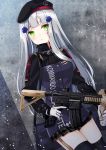  assault_rifle bangs beret black_hat black_legwear black_skirt blunt_bangs blush breasts commentary_request eyebrows_behind_hair facial_mark girls_frontline gloves green_eyes gun hair_ornament hat heckler_&amp;_koch highres hk416 hk416_(girls_frontline) holding holding_gun holding_weapon jacket long_hair long_sleeves object_namesake parted_lips plaid plaid_skirt pleated_skirt purin_jiisan purple_jacket rifle silver_hair skirt small_breasts solo thighhighs trigger_discipline very_long_hair weapon white_gloves 