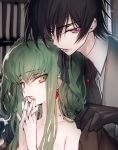  1girl black_gloves black_hair black_ribbon breasts c.c. cleavage clothed_male_nude_female code_geass collarbone creayus eyebrows_visible_through_hair gloves green_hair grey_shirt hair_between_eyes hair_ribbon hands_clasped interlocked_fingers lelouch_lamperouge long_hair looking_at_viewer medium_breasts nude open_mouth own_hands_together purple_eyes ribbon shirt twintails upper_body vampire very_long_hair yellow_eyes 