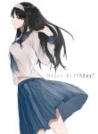  black_hair blue_eyes blue_neckwear blue_sailor_collar blue_skirt bow floating_hair from_side grey_bow grey_shirt hair_bow hand_in_hair happy_birthday harts_02 highres long_hair long_sleeves looking_at_viewer looking_to_the_side miniskirt pleated_skirt sailor_collar school_uniform serafuku shirt simple_background skirt solo toono_akiha tsukihime white_background 