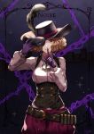  black_feathers black_hat brown_eyes card_(medium) chain cowboy_shot gloves grey_shirt grin hat hat_feather hat_ribbon holding holding_mask index_finger_raised long_sleeves looking_at_viewer mask okumura_haru pants persona persona_5 purple_gloves purple_pants purple_ribbon ribbon shirt signature smile solo standing wani_(fadgrith) 