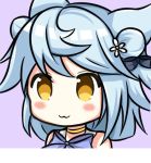  :3 animal_ears azur_lane bangs bare_shoulders black_bow blue_hair blush_stickers bow brown_eyes closed_mouth commentary_request double_bun eyebrows_visible_through_hair flower fubuki_(azur_lane) hair_bow hair_flower hair_ornament long_hair looking_away nagato-chan portrait purple_background purple_bow side_bun simple_background solo white_flower 