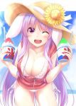  ;d animal_ears artist_name bangs bare_arms bare_shoulders bikini blush breasts brown_hat bunny_ears collarbone commentary_request cowboy_shot eyebrows_visible_through_hair eyebrows_visible_through_hat flower food frilled_bikini frills halterneck hands_up hat hat_flower hat_ribbon highres holding holding_food hood hooded_jacket jacket kooribata kue large_breasts leaning_forward long_hair looking_at_viewer one_eye_closed open_mouth purple_hair red_eyes red_jacket reisen_udongein_inaba ribbon shaved_ice shiny shiny_skin side-tie_bikini sidelocks sleeveless_jacket smile solo standing sun_hat sunflower swimsuit thighs touhou very_long_hair white_bikini white_ribbon zipper 