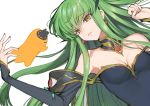  armpits black_sleeves breasts c.c. cheese-kun choker cleavage code_geass creayus detached_sleeves earrings eyebrows_visible_through_hair green_hair hair_between_eyes hair_ornament jewelry long_hair lying on_back parted_lips simple_background small_breasts solo upper_body very_long_hair white_background yellow_eyes 