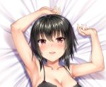  aldehyde armpits arms_up bare_shoulders bed_sheet black_bra black_hair blush bra breasts cleavage collarbone dakimakura eyebrows_visible_through_hair eyes_visible_through_hair hair_between_eyes highres imoko_(neeko's_sister) large_breasts looking_at_viewer lying on_back original parted_lips red_eyes short_hair smile solo sweat underwear upper_body 