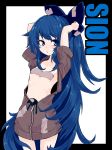  :o arms_up bangs black_border blue_bow blue_eyes blue_hair border bow breasts character_name collarbone commentary_request cowboy_shot debt grey_hoodie hair_bow highres hood hood_down hoodie jakomurashi long_hair looking_at_viewer naked_hoodie open_clothes open_hoodie pasties ribs skinny small_breasts solo standing stuffed_animal stuffed_cat stuffed_toy touhou unzipped very_long_hair white_background yorigami_shion 