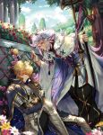  ahoge armor armored_boots arthur_pendragon_(fate) blonde_hair blue_cape boots cape daisy day dress fate/prototype fate_(series) floating_hair flower gauntlets hair_between_eyes holding holding_staff holding_sword holding_weapon leaning_forward long_hair male_focus merlin_(fate) multiple_boys outdoors purple_flower red_flower silver_hair sitting sleeping staff sword very_long_hair wani_(fadgrith) weapon white_cape 