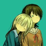  2girls bang_dream! bang_dream!_it&#039;s_mygo!!!!! black_hair blue_background blue_eyes blue_shirt brown_dress chuchu_(uglydog_zip) closed_mouth commentary dress green_hair hanasakigawa_school_uniform head_on_another&#039;s_shoulder highres long_hair multiple_girls neck_ribbon one_eye_closed red_ribbon ribbon school_uniform shirt simple_background tsukinomori_school_uniform wakaba_mutsumi yahata_umiri yellow_eyes 