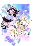  anthro better_version_at_source black_bow black_hair black_skirt canine clothed clothing common_raccoon_(kemono_friends) female female/female fennec_(kemono_friends) fox fur grey_fur hair hand_holding jumping mammal open_mouth procyonid purple_eyes raccoon red_eyes sigmarion skirt smile white_hair white_skirt yellow_bow yellow_fur 