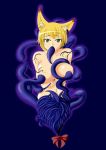  2009 animal_humanoid big_breasts blonde_hair breasts comic corruption female fox_humanoid green_eyes hair hat humanoid looking_at_viewer nude ran_yakumo simple_background solo tamakko tentacle_in_mouth tentacles touhou 