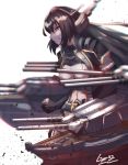  absurdres artist_name breasts brown_hair chromatic_aberration clenched_hands detached_sleeves grimace highres kantai_collection large_breasts long_hair midriff nagato_(kantai_collection) navel red_eyes remodel_(kantai_collection) rigging solo tegar32 turret white_background 