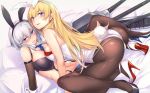  animal_ears ass azur_lane bangs bare_shoulders bed_sheet blonde_hair blue_eyes blush breasts brown_legwear bunny_ears bunny_girl bunny_tail bunnysuit cleavage detached_collar dutch_angle fake_animal_ears fake_tail hairband high_heels highres hinasaki_you large_breasts leotard long_hair looking_at_viewer multiple_girls navel necktie north_carolina_(azur_lane) open_mouth pantyhose pillow short_hair silver_hair smile spread_legs squatting strapless suspenders tail turret washington_(azur_lane) white_leotard wrist_cuffs 