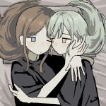  2girls bang_dream! bang_dream!_it&#039;s_mygo!!!!! black_shirt blue_eyes brown_hair chuchu_(uglydog_zip) closed_mouth commentary eye_contact green_hair hand_on_another&#039;s_face hand_on_another&#039;s_shoulder long_hair looking_at_another lying multiple_girls nagasaki_soyo on_back on_side one_eye_closed shirt short_sleeves wakaba_mutsumi yellow_eyes yuri 