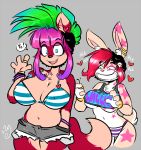  ! &lt;3 4_fingers anthro big_breasts bikini bikini_top biped black_hair black_nose blue_eyes bracelet breasts canine chest_tuft cleavage clothed clothing crop_top dipstick_tail duckdraw duo ear_piercing female fox fur ginny_(duckdraw) gloves_(marking) green_hair grey_background hair hand_in_pocket inner_ear_fluff jewelry lagomorph long_ears looking_at_viewer mammal markings midori_(duckdraw) mohawk multicolored_fur multicolored_hair multicolored_tail navel nipple_bulge open_mouth open_smile panties piercing pink_hair portrait rabbit rape_face red_ears red_fox red_fur red_tail ring shirt short_hair short_tail shorts simple_background skimpy smile speech_bubble star suggestive swimsuit tan_ears tan_fur tan_tail tattoo teeth text thigh_gap three-quarter_portrait tuft two_tone_ears two_tone_fur two_tone_hair two_tone_tail under_boob underwear waggles white_fur white_tail 