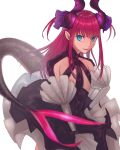  blue_eyes detached_sleeves dress elizabeth_bathory_(fate) elizabeth_bathory_(fate)_(all) fate/extra fate/extra_ccc fate_(series) flat_chest floating_hair harts_02 highres horns long_hair long_sleeves pleated_dress pointy_ears red_hair shiny shiny_hair simple_background sleeves_past_wrists smile solo standing tail white_background white_sleeves 