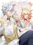  2boys academic_test anger_vein animal_ear_piercing animal_ears bandage_on_face bandaged_hand bandages blonde_hair blue_eyes blue_hair bracelet braid brown_vest chair chest_tattoo choker clenched_teeth collared_shirt dog_ears dog_tail drinking drinking_straw drinking_straw_in_mouth ear_piercing envy facial_tattoo gradient_hair heart highres holding holding_paper holding_pencil honkai:_star_rail honkai_(series) jewelry light_blush limeilin200669 long_sleeves male_focus multicolored_hair multiple_boys mydei_(honkai:_star_rail) necktie orange_eyes paper pencil phainon_(honkai:_star_rail) piercing red_hair red_tattoo school_chair school_uniform shirt side_braid sparkle sticker tail tattoo teeth test_score tongue tongue_out v vest watch white_shirt wristwatch 