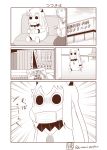  bandaid bandaid_on_face bench book building collar comic commentary frown highres horns hospital kantai_collection long_hair mittens monochrome moomin muppo oboro_(kantai_collection) pleated_skirt reading sazanami_konami school_uniform serafuku short_sleeves sign sitting skirt surgical_mask translated twitter_username wallet window 