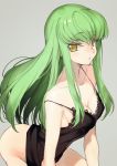  ass bare_arms bare_shoulders breasts c.c. camisole cleavage code_geass creayus green_hair hair_ornament long_hair looking_at_viewer simple_background solo strap_slip underwear underwear_only yellow_eyes 