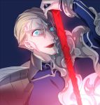  :d blonde_hair blue_background blue_bodysuit blue_eyes bodysuit constricted_pupils cosplay fate/kaleid_liner_prisma_illya fate/stay_night fate/zero fate_(series) gae_bolg highres holding holding_spear holding_weapon kayneth_el-melloi_archibald lancer lancer_(cosplay) long_hair looking_at_viewer male_focus open_mouth polearm short_hair simple_background smile solo spear very_long_hair weapon ycco_(estrella) 