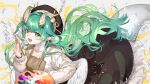  1girl art_brush black_hat black_skirt blush breasts cardigan cleavage collarbone commentary commission dragon_horns dragon_tail earrings feathered_wings frilled_skirt frills green_hair grey_cardigan hat highres holding holding_paintbrush holding_palette horns jewelry long_hair long_sleeves looking_at_viewer mayuri_kaichou medium_breasts open_mouth original paintbrush palette_(object) pointy_ears skeb_commission skirt solo tail white_wings wings yellow_eyes 