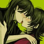  2girls bang_dream! bang_dream!_it&#039;s_mygo!!!!! black_hair black_shirt blue_eyes blush chuchu_(uglydog_zip) commentary eye_contact french_kiss from_side green_background hand_on_another&#039;s_shoulder highres kiss long_hair looking_at_another multiple_girls profile purple_eyes red_shirt shiina_taki shirt simple_background tongue tongue_out upper_body yahata_umiri yuri 