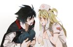  1boy 1girl amane_misa bags_under_eyes bandaid bandaid_on_face black_cape black_vest blonde_hair blood blood_from_mouth buttoned_cuffs buttons cape collared_cape commentary death_note english_commentary eye_contact fangs gloves halloween_costume hands_on_own_face hat highres hugging_own_legs jitome kneehighs l_(death_note) long_hair long_sleeves looking_at_another nurse nurse_cap open_mouth red_eyes rightgate shirt short_sleeves simple_background socks teeth vampire very_long_hair vest white_background white_gloves white_shirt white_socks 