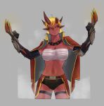 abs bandage blonde_hair bodily_fluids demon female hair hi_res horn humanoid kurocchi131 leg_scar red_body red_skin scar scars_all_over solo sweat thigh_scar tomboy wrath