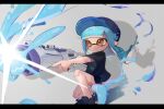  1girl baseball_cap black_footwear black_shirt black_shorts blue_hair blue_hat closed_mouth commentary_request cross-laced_footwear dedepico_17 dolphin_shorts glint grey_background gun hat highres holding holding_gun holding_weapon ink inkling inkling_girl inkling_player_character letterboxed long_hair looking_ahead on_one_knee orange_eyes paint pointy_ears print_shirt s-blast_(splatoon) shirt shoes shorts smile solo splatoon_(series) splatoon_3 t-shirt tentacle_hair weapon 