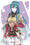  aiueo1234853 aqua_eyes aqua_hair blue_hair breastplate commentary_request eirika fingerless_gloves fire_emblem fire_emblem:_seima_no_kouseki fire_emblem_heroes gloves highres long_hair parted_lips red_gloves shoulder_armor skirt solo white_skirt 