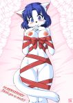  2015 areola bellna blue_eyes blue_hair blush bound bow_tie cat english_text feline female fur gift hair hi_res inner_ear_fluff looking_at_viewer lying mammal milkexplorer navel nipples pussy solo text white_fur 