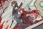  1boy 1girl absurdres black_coat black_hat black_necktie black_pants brown_hair coat collared_shirt commission crimson_scar_(e.g.o) e.g.o_(project_moon) employee_(project_moon) gun hair_ribbon hat highres holding holding_gun holding_weapon hornet_(e.g.o) indoors kalliope_orc lobotomy_corporation long_hair long_sleeves necktie nugget_(project_moon) open_mouth pants project_moon punishing_bird red_coat red_hair red_necktie ribbon shirt smile very_long_hair weapon white_shirt yellow_eyes 