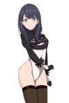  alternate_costume bare_thighs black_hair closed_mouth cosplay eyebrows_visible_through_hair green_eyes highres long_hair looking_at_viewer mahdi nier_(series) nier_automata simple_background solo ssss.gridman standing takarada_rikka thighhighs white_background yorha_no._2_type_b yorha_no._2_type_b_(cosplay) 