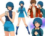  1boy 1girl angry blue_eyes blue_hair blush brown_hair ekomozzarella genderswap green_eyes gundam gundam_zz jacket judau_ashta kamille_bidan looking_at_viewer open_mouth short_hair skirt smile zeta_gundam 