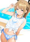  1girl arm_behind_back bare_arms bare_shoulders bikini bikini_bottom_only black_ribbon blonde_hair blue_bikini blue_eyes blush breasts cowboy_shot dead_or_alive dead_or_alive_5 floral_print grin hadacra hair_ribbon hand_up highres legs_apart long_hair marie_rose midriff navel nipples outdoors poolside print_shirt ribbon see-through_clothes see-through_shirt shirt short_sleeves side-tie_bikini_bottom sidelocks sleeves_rolled_up small_breasts smile solo standing straight_hair swimsuit tied_shirt v v-shaped_eyebrows water white_shirt 