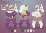  2018 absurd_res anthro areola big_breasts big_butt blue_eyes breasts butt cape cat cervine clothed clothing digital_drawing_(artwork) digital_media_(artwork) feline female fur gloves hair hands_on_hips hi_res huge_breasts huge_butt hybrid legwear leotard long_hair mammal miso_souperstar model_sheet nipples nude short_stack signature smile solo standing teeth text thick_thighs voluptuous white_hair wide_hips 