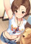  arm_up armpits bangs bikini bikini_under_clothes blush breasts brown_earrings brown_eyes brown_hair cleavage collarbone commentary_request cowboy_shot crop_top cutoffs denim denim_shorts dog drop_earrings earrings eyebrows_visible_through_hair foreshortening halterneck highres idolmaster idolmaster_cinderella_girls indoors jewelry looking_at_viewer medium_breasts midriff mizuki_seira multi-strapped_bikini navel open_fly open_pants parted_bangs reaching_out self_shot shirt short_hair short_shorts shorts smile solo stomach sunglasses sweatdrop swimsuit t-shirt tamakaga tied_shirt 